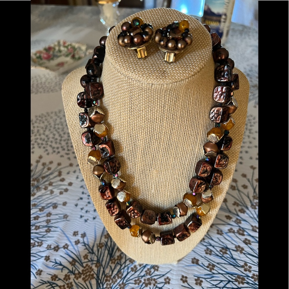 Vintage Double Strand Bead Necklace and Clip On Earrings Set Stamped Hong Kong